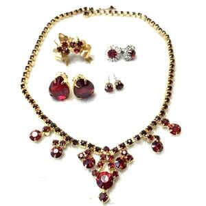 Vintage Red Rhinestone Jewelry Lot 5 Pc Necklace & Earrings Mid Century Sparkle
